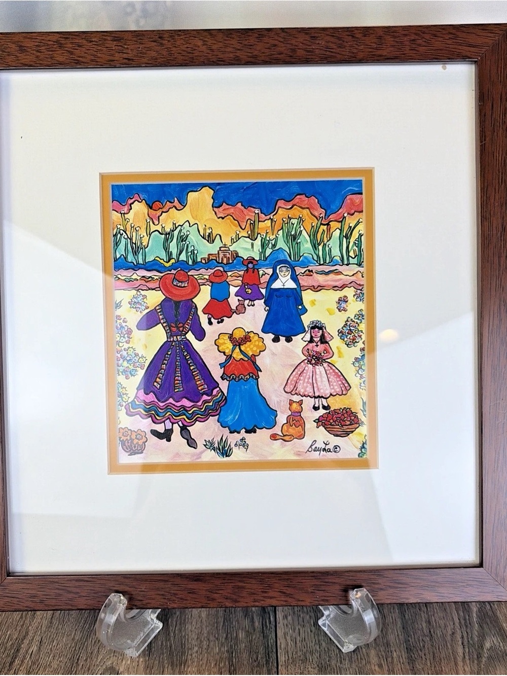 Framed Barbara BayLa Cohen Art "Celebration" Sonoran Desert Family Catholic